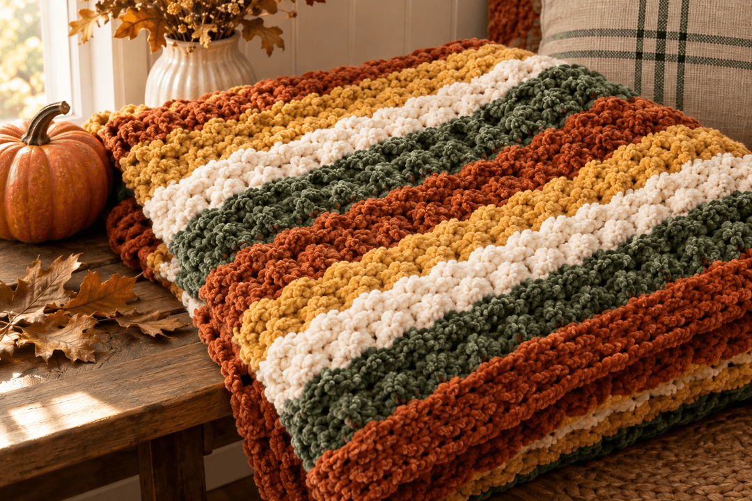 A chunky striped crochet blanket in the autumn palette variation — wide horizontal bands of rust orange, mustard yellow, cream and forest green super-bulky Bernat Blanket chenille yarn, folded on a wooden bench beside a small pumpkin and dried oak leaves, dried grasses in a fluted ceramic vase in the background, warm afternoon window light, cozy fall cottagecore mood, photorealistic editorial home decor photography