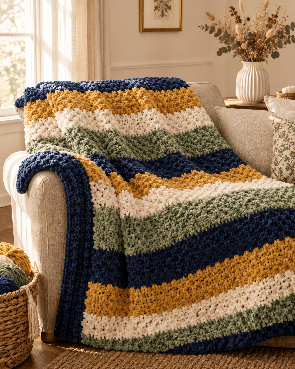A chunky striped crochet blanket draped over a beige linen sofa in a warm cottagecore living room, worked in wide horizontal bands of navy blue, mustard yellow, cream and sage green super-bulky Bernat Blanket chenille yarn, dried grasses in a fluted vase on a side table, small woven basket with yarn balls in the corner and afternoon window light