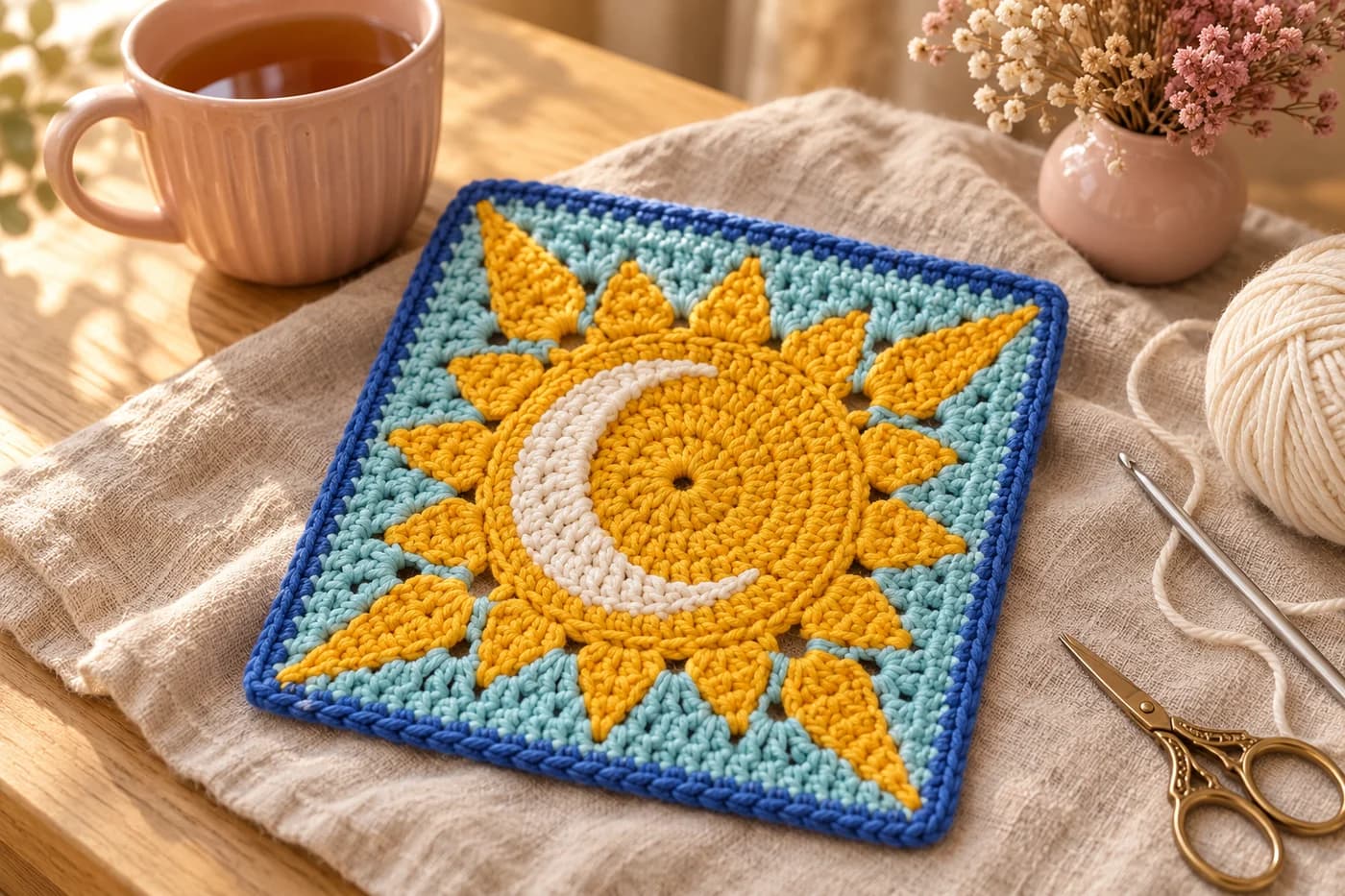 Sun and moon granny square crochet pattern: a yellow sun with a white crescent moon curving around its centre, sixteen pointed yellow rays with a long one in each corner, a light aqua sky and a royal blue border, lying on oatmeal linen next to a blush pink mug