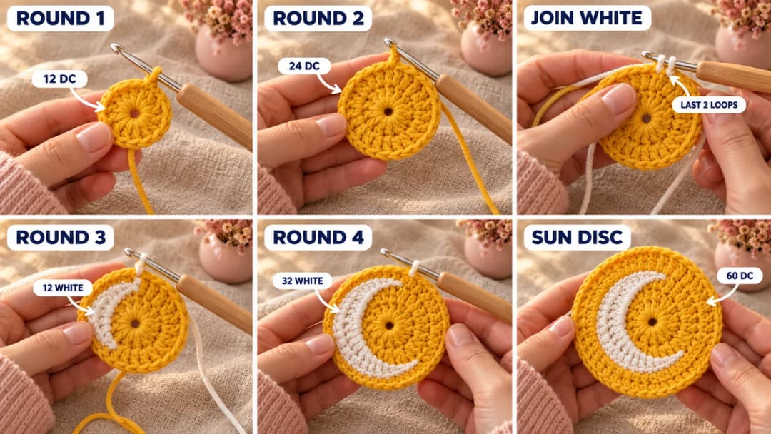 Step 1 of the sun and moon granny square crochet pattern: eleven yellow double crochet in a magic ring, the second yellow round, the first white stitches of the crescent with the yellow strand carried inside them, the white crescent growing around one side in the fourth round, and the finished yellow sun disc with a white crescent moon