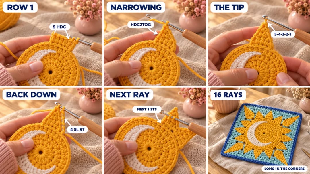 Step 2 of the sun and moon granny square crochet pattern: five half double crochet worked over five stitches of the sun, a corner ray narrowing to a single point, slip stitches worked down the side of the ray, the next ray starting over three stitches, and the finished square with sixteen pointed yellow rays, long ones in the corners, around the crescent moon
