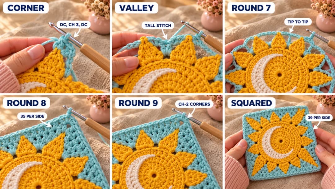 Step 3 of the sun and moon granny square crochet pattern: aqua chains linking the ray tips with a tall triple treble stitch in each valley, a corner made of a double crochet, a chain-3 space and a double crochet in a ray tip, the corners filled with tall aqua stitches, and the third aqua round with straight sides and chain-2 corners around the sun