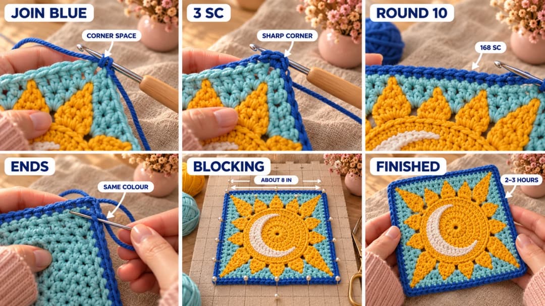 Step 4 of the sun and moon granny square crochet pattern: royal blue single crochet worked along the aqua edge, three single crochet in a corner space, the finished blue border, and the sun and moon granny square pinned flat for blocking with its sixteen rays and white crescent moon