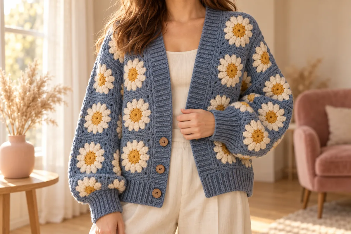 Sunflower crochet cardigan: an oversized dusty blue granny square cardigan covered in sunflowers with mustard centers and rounded cream petals, with ribbed blue cuffs, a ribbed hem and a ribbed front band closed with three wooden buttons, worn open over a cream top in a cozy beige room with a blush pink chair