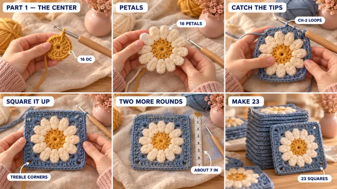 Step 1 of the sunflower crochet cardigan: a mustard magic ring of 16 double crochet, 16 rounded cream petals worked from chains, a dusty blue round of single crochet and chain-2 loops holding the rounded petal tips, the round of trebles and half doubles squaring it up, and a stack of finished sunflower granny squares