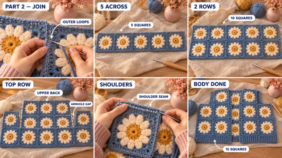 Step 2 of the sunflower crochet cardigan: dusty blue sunflower squares laid out in 3 rows of 5, whipstitched together through the outer loops, the upper fronts joined on top of the end squares, the armhole gaps left open, and the shoulders joined so the body takes a cardigan shape