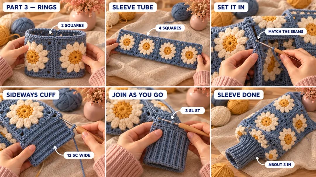 Step 3 of the sunflower crochet cardigan: two sunflower squares joined into a ring, two rings joined into a sleeve tube, the sleeve set into the open armhole with the seams matched, and a dusty blue cuff worked sideways in single crochet through the back loop, with vertical ribs, gathering the sleeve at the wrist