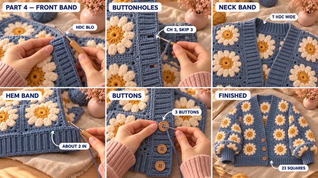 Step 4 of the sunflower crochet cardigan: the dusty blue front and neck band worked sideways in half double crochet through the back loop and joined to the front edge as it goes, a buttonhole in the band on the lower right front, the ribbed band turning around the back neck, the sideways ribbed hem band across the bottom, wooden buttons sewn on the left front, and the finished sunflower granny square cardigan