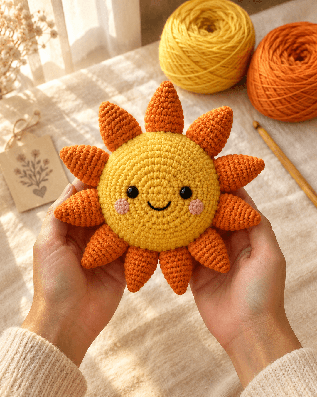Golden yellow and orange sunshine plush with a smiling embroidered face held in two hands near a sunny window