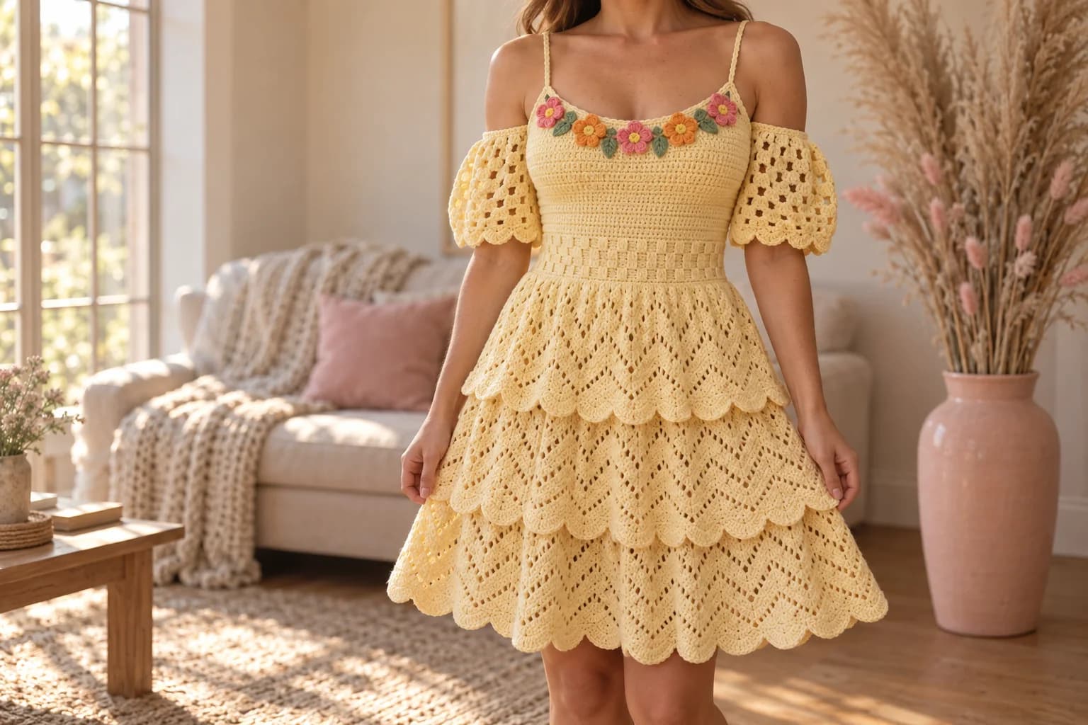 Sunshine crochet dress in butter yellow cotton with thin spaghetti straps, a garland of coral pink and orange crochet flowers with green leaves along the neckline, a basketweave waistband, cold-shoulder puff sleeves in granny stitch with scalloped edges, and a knee-length skirt of three ripple lace tiers with scalloped hems, worn in a cozy beige living room with a cream sofa, a chunky knit throw, a blush pink cushion and a tall pink vase of pampas