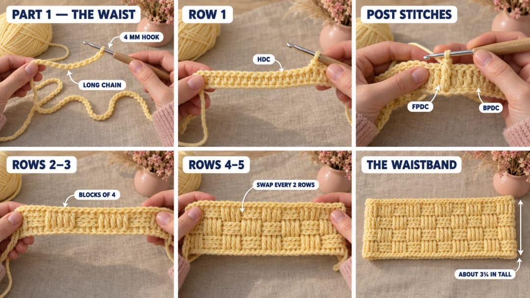 Step 1 of the sunshine crochet dress: a long foundation chain in butter yellow cotton, a row of half double crochet, front and back post double crochet blocks forming a basketweave, and the finished flat basketweave waistband with four rows of woven blocks