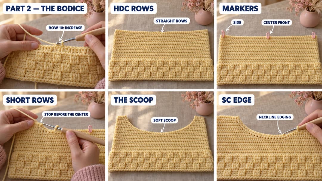 Step 2 of the sunshine crochet dress: rows of half double crochet in butter yellow growing up from the basketweave waistband, stitch markers at the center front and the sides, short rows raising the back and sides, and the soft scooped front neckline with a single crochet edge