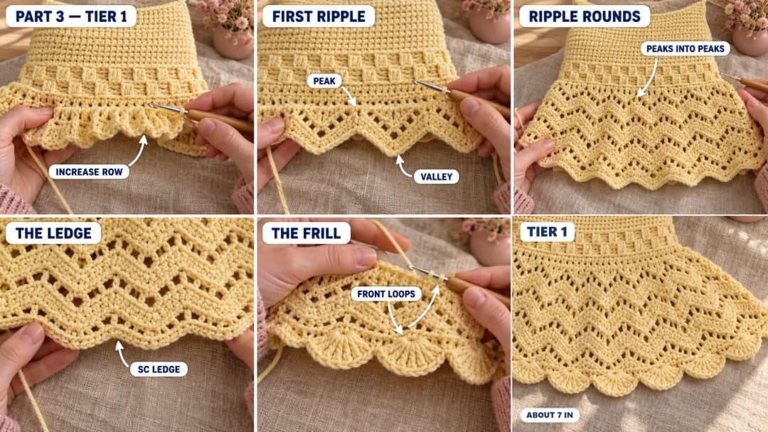 Step 3 of the sunshine crochet dress: the first row of single crochet worked down from the waistband with increases, the first ripple lace round closing the skirt, zigzag ripple rounds with peaks and valleys and little eyelets, a single crochet ledge round, and a scalloped frill worked in the front loops