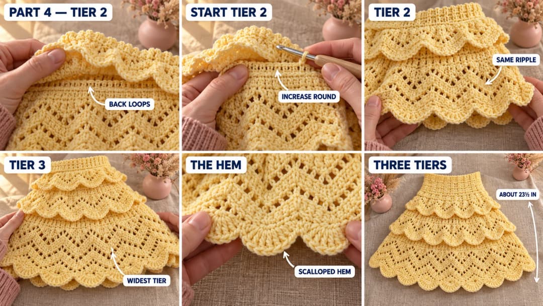 Step 4 of the sunshine crochet dress: tier 1 frill lifted to show the back loops of the ledge round, the first single crochet round of tier 2 worked into those back loops, ripple lace rounds widening into tier 2 and tier 3, and the scalloped hem of the third tier
