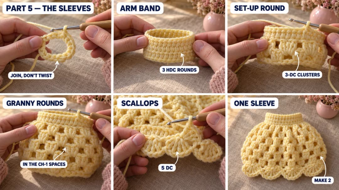 Step 5 of the sunshine crochet dress: a ring of half double crochet for the upper arm band, the set-up round of three double crochet clusters puffing out, rounds of granny stitch in butter yellow, and the finished cold-shoulder puff sleeve with a scalloped edge