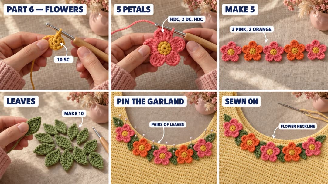 Step 6 of the sunshine crochet dress: a small mustard yellow single crochet center, five coral pink petals of half double and double crochet, an orange flower, green leaves worked on both sides of a chain, and the garland of five flowers and ten leaves pinned and sewn along the front neckline
