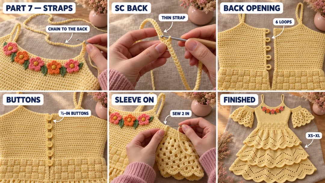 Step 7 of the sunshine crochet dress: spaghetti straps made of chain and single crochet, the back opening edged in single crochet with six chain button loops and six small buttons, a puff sleeve sewn to the side of the bodice, and the finished dress laid flat after blocking