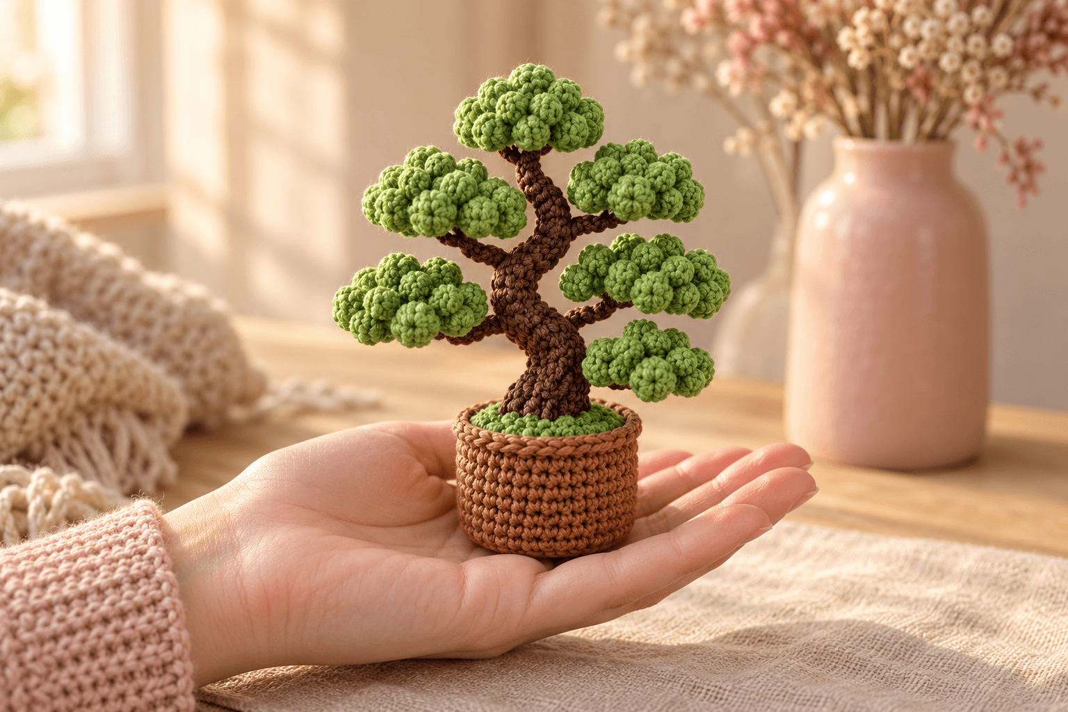 A miniature crochet bonsai with rounded clusters of textured leaf-green foliage, a curved dark brown trunk and spreading branches, planted above a green ground cover in a warm brown crochet pot with a twisted rim