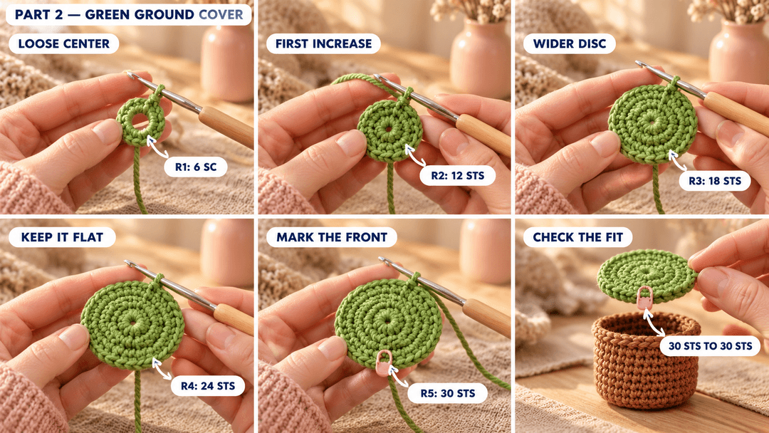 The green ground disc progressing from six to thirty stitches, with its center kept loose for the frame and its front marked.