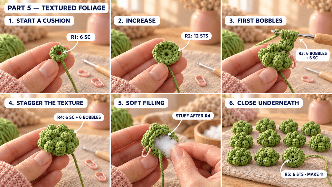 The green foliage cushions with six initial stitches, two staggered bobble rounds, filling after Round 4 and a six-stitch underside closure; make eleven.