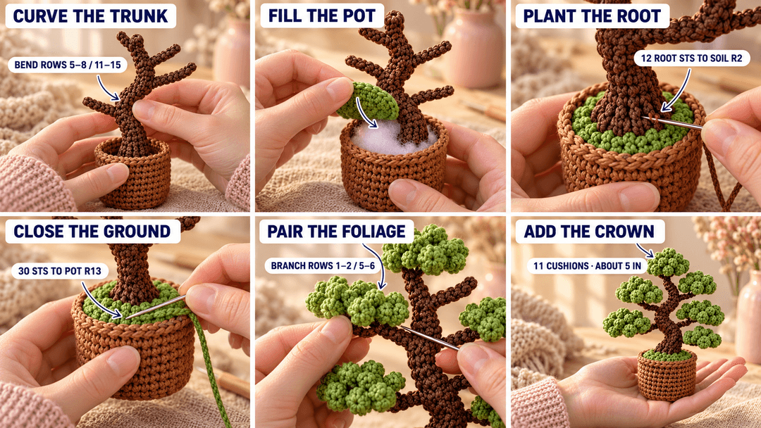 Shaping the trunk, filling the open pot, attaching twelve root stitches, closing thirty ground-cover stitches and arranging eleven foliage cushions.