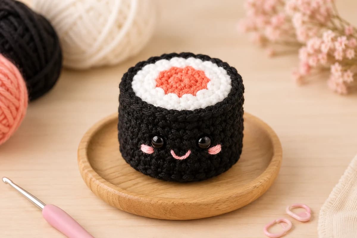 Tiny kawaii crochet sushi roll with a salmon center, white rice ring and black nori wrap, with a smiling face and pink cheeks, on a small wooden plate beside balls of cotton yarn