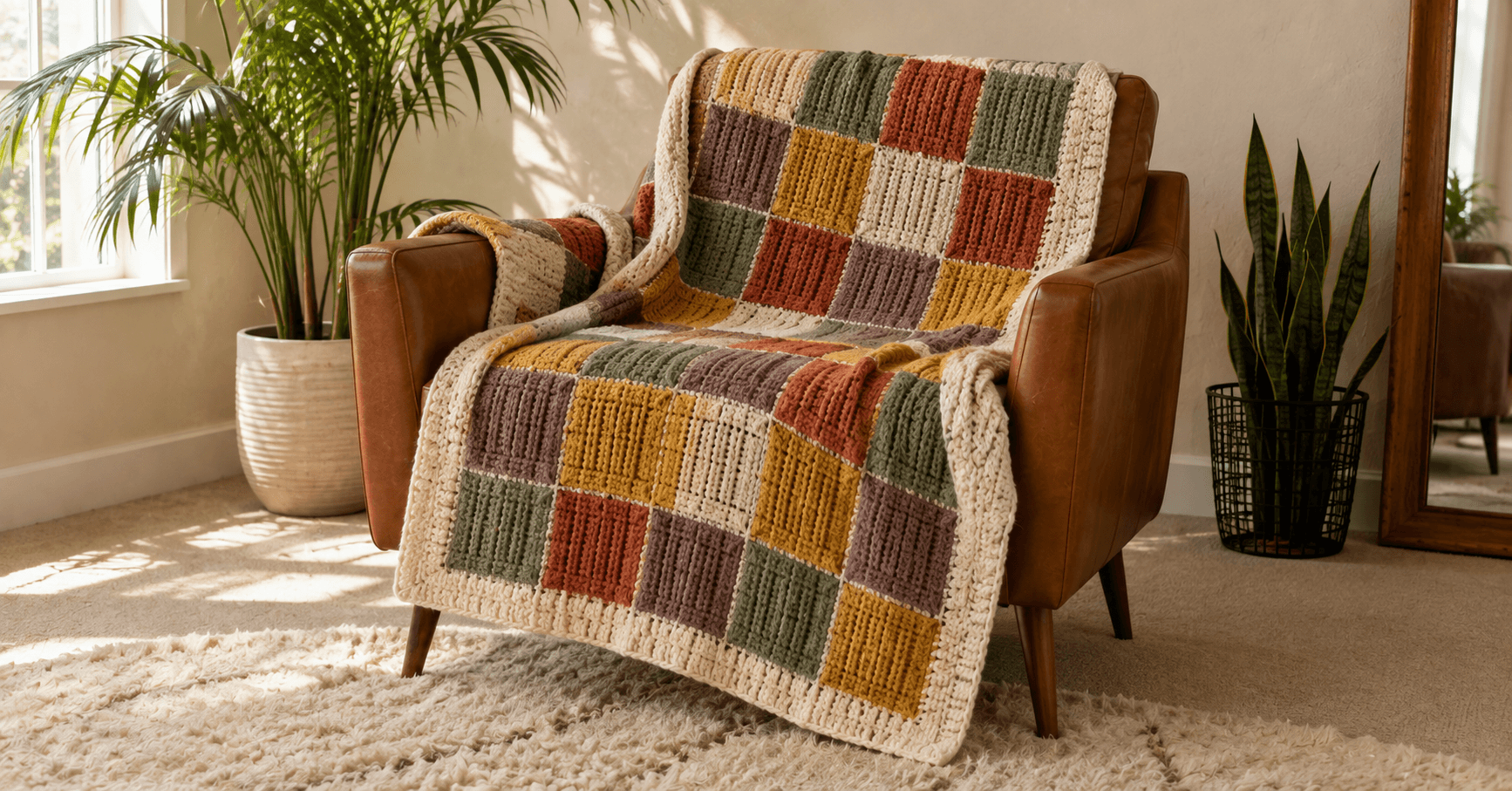 A handmade Tunisian crochet patchwork throw blanket draped over a caramel-brown mid-century leather armchair with tapered wooden legs, cascading onto a cream shag rug on carpeted floor. Six-inch Tunisian Simple Stitch squares in five colors — sage green, warm mustard yellow, deep terracotta rust, dusty mauve-brown, and creamy oat — arranged in a grid framed by a wide cream border. A tall potted palm plant beside a bright window, a snake plant in a black wire basket, warm natural window light and soft cream painted walls.