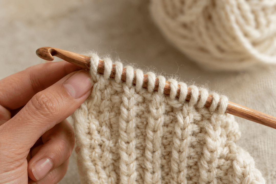 Extreme macro close-up of a long wooden Tunisian crochet hook loaded with a full row of cream bulky merino loops sitting evenly along the hook barrel — the signature Tunisian Forward Pass moment where every stitch of the current row waits on the hook for the return pass. The rows already worked below show the 2x2 rib pattern with knit-look V-columns and purl bumps. A ball of cream bulky wool sits deeply out of focus in the background.