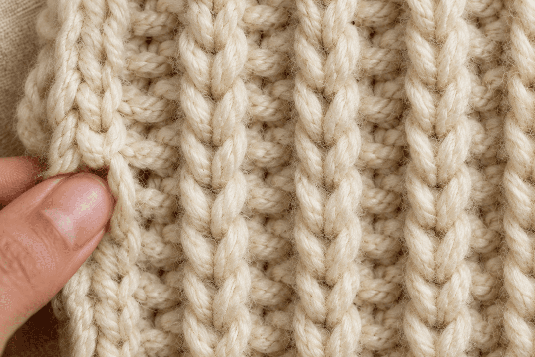 Extreme macro close-up of the finished 2x2 Tunisian rib fabric in cream bulky merino wool. Pairs of tall vertical knit-look V-columns alternate with pairs of horizontal purl bumps that recede into the fabric. Every individual wool ply and faint halo of fluff visible. A fingertip enters at the edge of frame pushing one stitch open to show its structure. Warm natural side light rakes across the texture casting micro-shadows in the purl valleys and highlighting the crests of the knit columns.