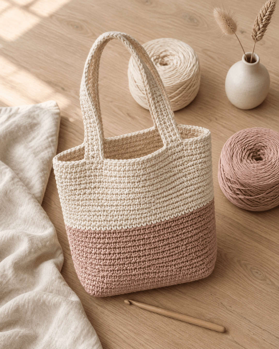 Two-tone crochet tote bag in cream and dusty blush on a light oak table next to a pink yarn cake