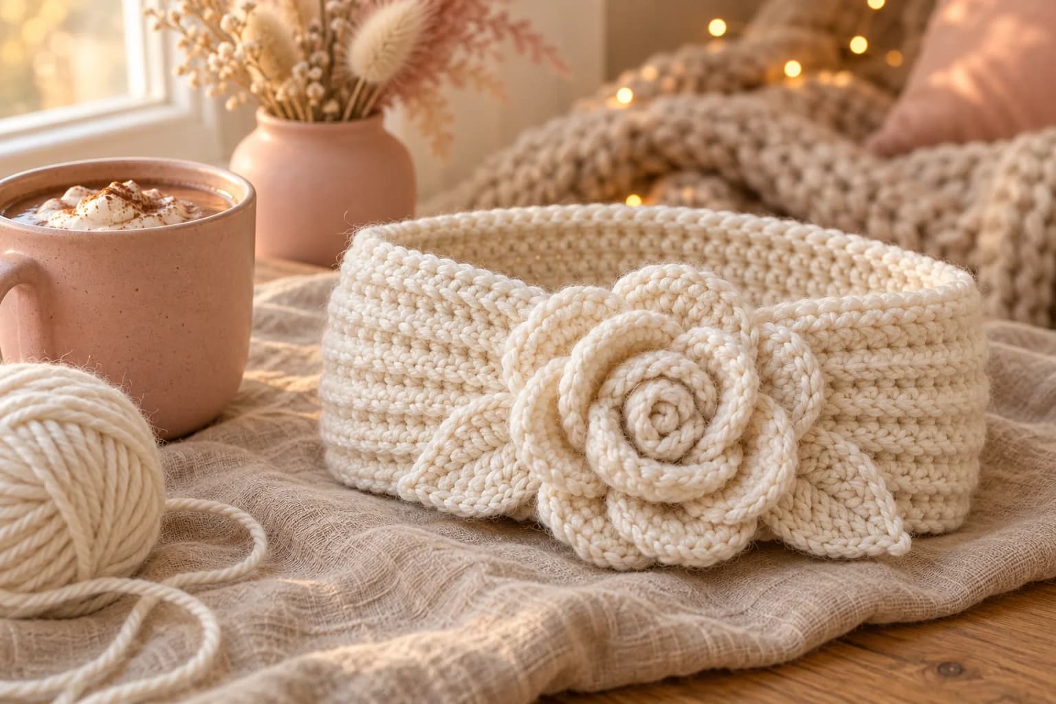 Winter white rose crochet headband: a stretchy ribbed ear warmer in soft winter white worsted yarn, gathered at the front under a big rolled crochet rose with two pointed leaves, lying on an oatmeal linen cloth next to a blush pink mug of hot chocolate with whipped cream, a ball of winter white yarn, a pink vase of dried flowers and a beige knit throw