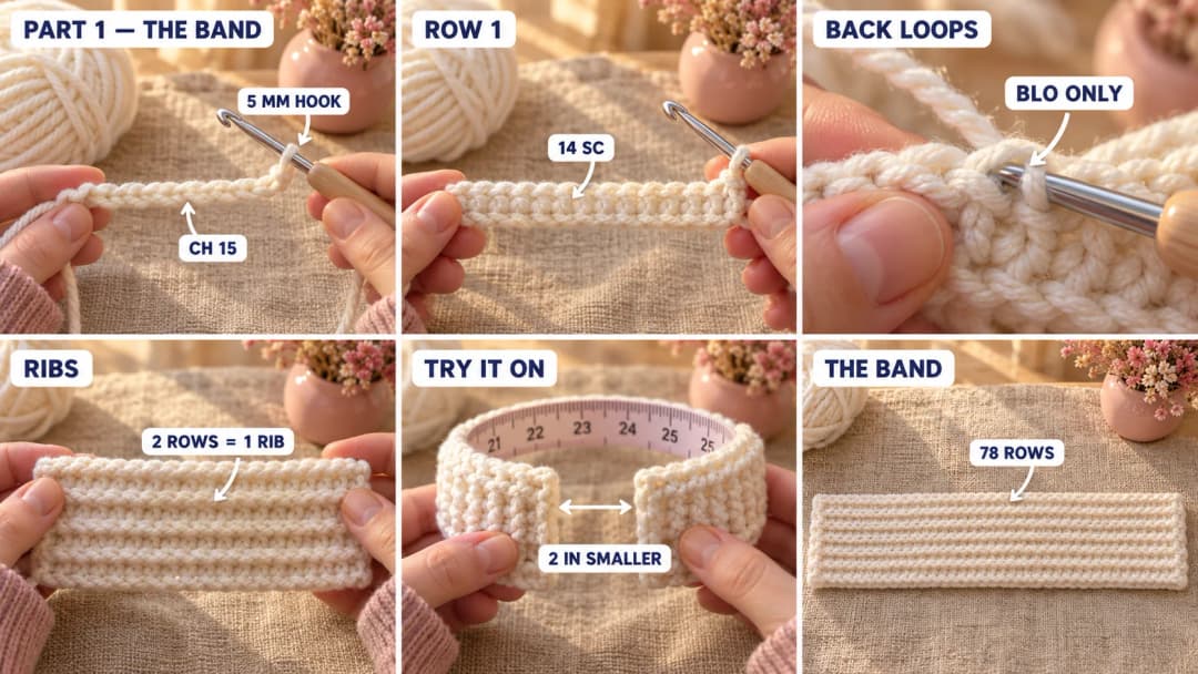 Step 1 of the winter white rose crochet headband: a short chain of winter white worsted yarn on a 5 mm hook, the first row of single crochet, rows of single crochet in the back loops forming ribs, and the long finished ribbed band laid flat