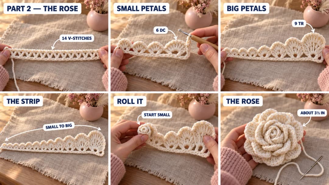 Step 2 of the winter white rose crochet headband: a row of V-stitches in winter white yarn, a strip of petals growing from small double crochet petals to large treble crochet petals, the strip rolled from the small end into a bud, and the finished rolled rose sewn at its base
