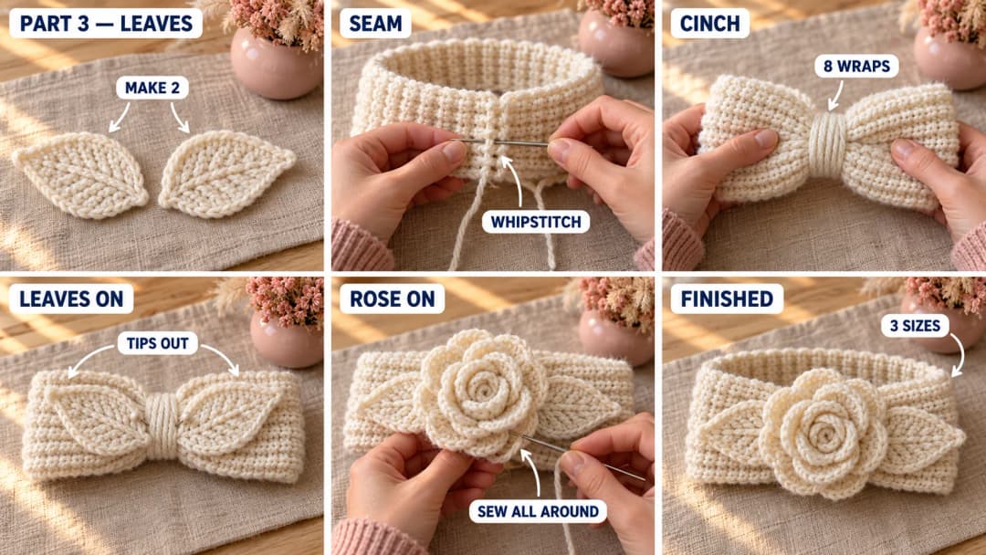 Step 3 of the winter white rose crochet headband: two pointed crochet leaves in winter white, the band seamed into a ring, yarn wrapped around the seam to cinch the front into a gather, the leaves and the rolled rose pinned over the cinch, and the finished rose headband